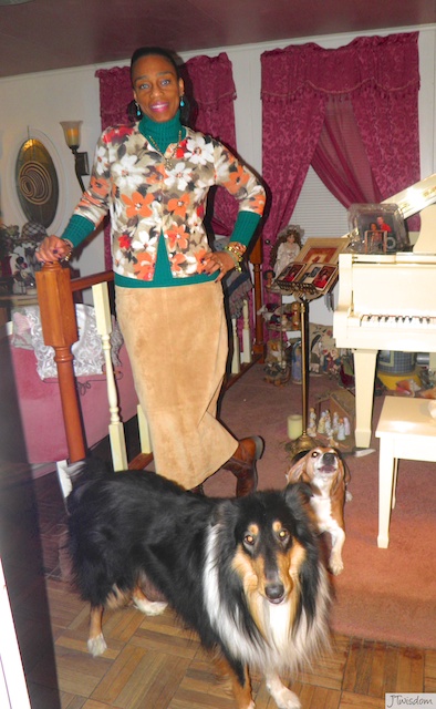 JT in Isaac Mizrahi cardigan and Macy's turtleneck and Dialogue suede skirt